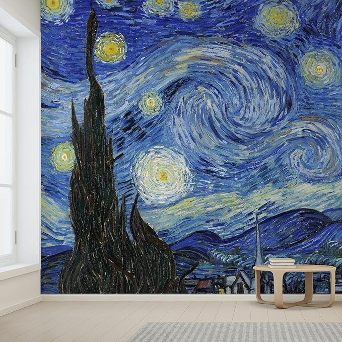 wall26 Wall Sticker/Wall Mural Starry Night by Vincent Van Gogh Dutch Impressionism, Not Peel and Stick, Non-Woven Wallpaper Decorative for Bedroom, Living Room,Office - 120x192 inches