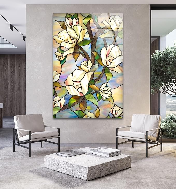 My Photostation.com 40WX60H'' Stained Magnolia Glass Wall Art Tempered Glass Printing Wall Decor Large Wall Art Wall Hangings