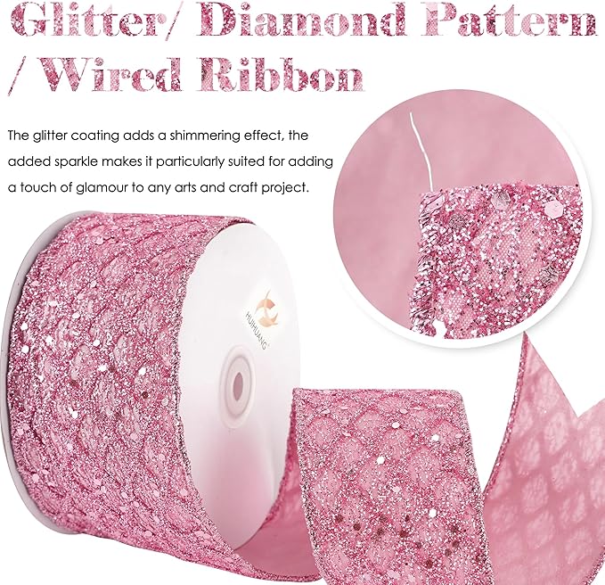 HUIHUANG Pink Glitter Wired Ribbon for Christmas Tree 2.5 inch Light Pink Diamond Mesh Wire Ribbon for Tree Decoration, Wreaths, Garland, Gift Wrapping, Bows Making, Home Decor -10 Yards