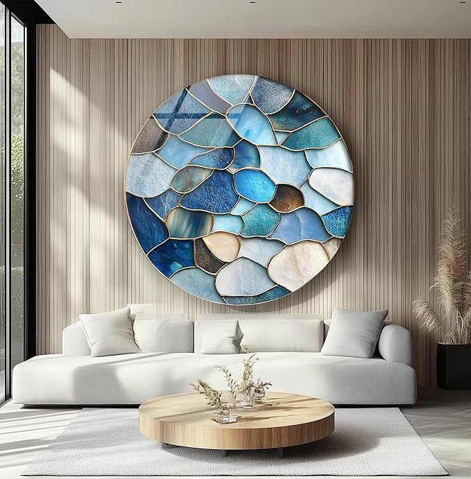 My Photostation.com 31.5''(80cm) Diameter Coastal Blue Stone Mosaic Round Glass Wall Art Tempered Glass Printing Wall Decor Large Wall Art Wall Hangings