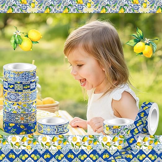 Lemon Washi Tape 12 Rolls, Blue Tiles Yellow Lemon Printed Decorative Washi Tape Set, DIY Art Crafts Wrapping Decor for Gifts Wrapping,Wedding Bridal Shower