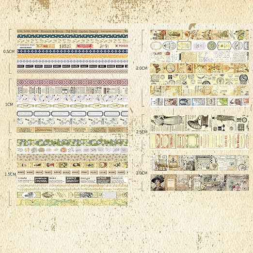 36 Rolls Vintage Washi Tape Pack Retro Arts Adhesive Tapes Wide Chronicle Decorative Masking Tape Sets for Craft, Kids, Scrapbook, DIY, Gift Wrapping (Duke Jorge)
