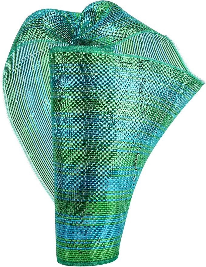 MEEDEE Peacock Ombre Deco Mesh 10 Inch Deluxe Wide Foil Metallic Xmas Mesh Christmas Tree Ribbon Ombre Mesh Ribbon for Christmas Tree, Wreaths, Garland, Gift Wrapping, Bows Making (30 Feet)
