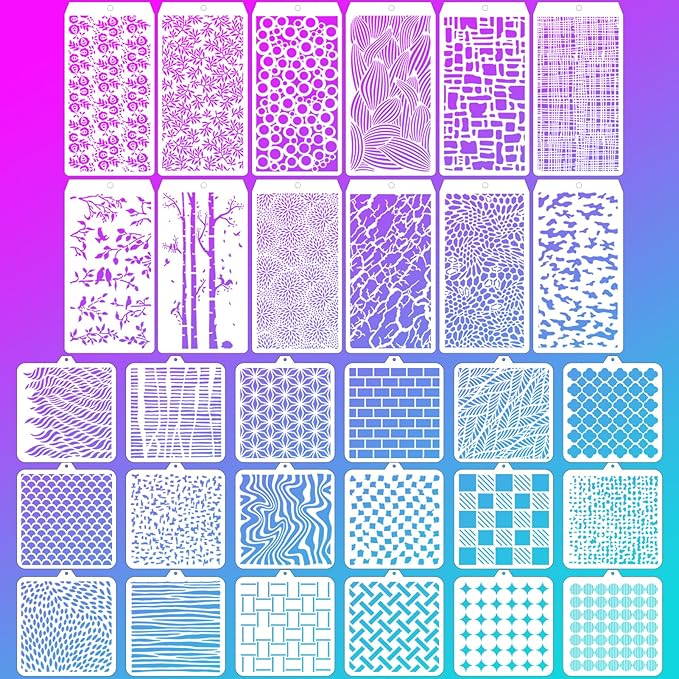 30 Pcs Abstract Layering Stencils for Painting, Reusable Mixed Media Stencils with Geometric Crackle Bubble Camo Splatter Tree Leaf Patterns, DIY Craft Templates for Walls Canvas Cards Airbrush Art