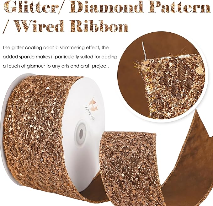 HUIHUANG Glitter Copper Wired Ribbon 2.5 inch Copper Diamond Mesh Wire Edge Ribbon for Christmas Tree, Thanksgiving Fall Decor, Wreaths, Garland, Gift Wrapping, Bows Making -10 Yards