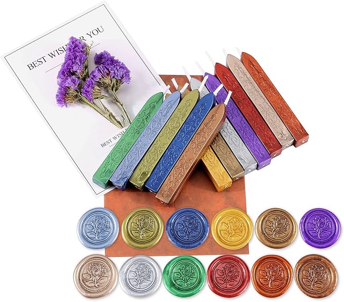 Yoption 12 Color Sealing Wax Sticks with Wicks, Antique Metallic Totem Fire Manuscript Seal Wax for Wax Seal Stamp (12 Metallic Colors)