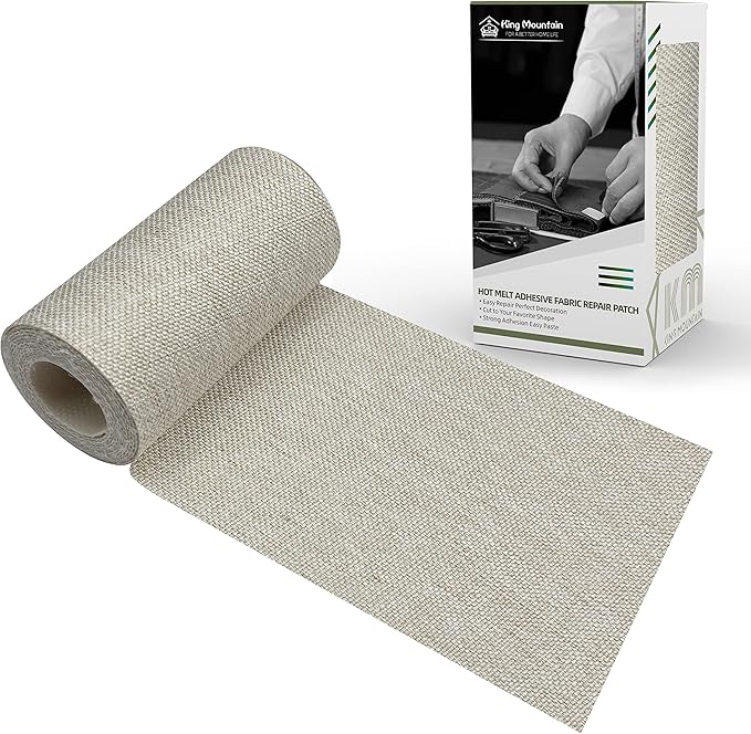 KING MOUNTAIN Linen Fabric Iron-on Repair Patch, Inside&Outside Fabric Repair Patch, 3"x60" with Backing Glue Linen Repair Decorative Patch kit (Cream-Gray)