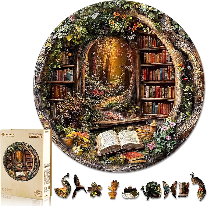 KAAYEE Wooden Puzzles for Adults, 3D Visual Effect Tree House Library Wooden Jigsaw Puzzle Unique Shape Wood Puzzle Adult, 3D Effect Flat Puzzle Birthday Family Games (M-11.4 * 11.4 in-200pcs)
