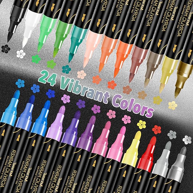 Art+soul 24 Colors Acrylic Paint Pens-Dual Tip Markers, Vibrant, Long Lasting Colors that Dry Quickly, Ideal for Canvas, Paper, Glass, Ceramic, Wood, and Rock