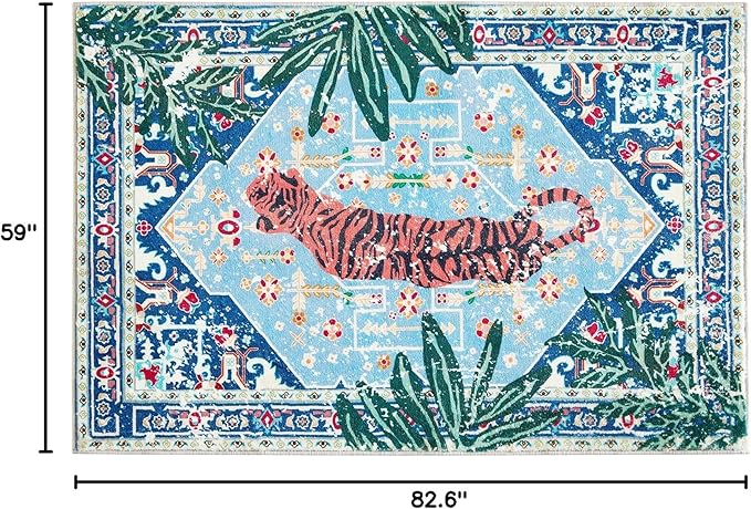 Washable Oriental Rugs Boho Vintage Tropical Jungle 5x7 Area Rugs Thin Plant Oriental Carpet for Bedroom Kitchen Dining Living Room Office Distressed Indoor Entry Floor Rug