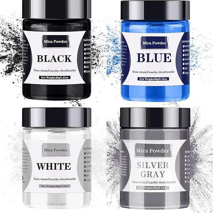 【40g Black + 60g White/Blue/Sliver Gray】 220g Mica Powder for Epoxy Resin - Pigment Powder Dye for Resin/Soap Making/Nails/Bath Bombs etc. (4 Color)