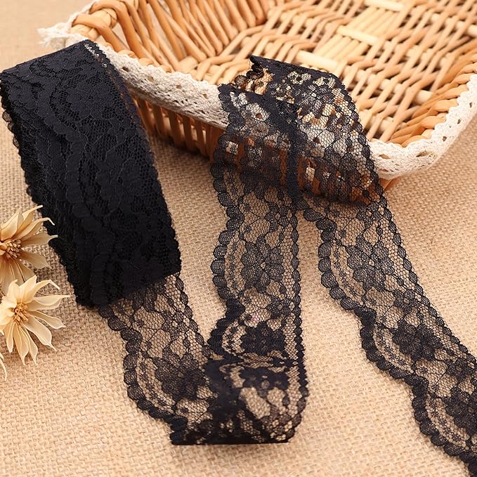 Black Lace Trim Sewing Lace Ribbon for Crafts Bridal Wedding Decoration, Bouquet and Gift Packaging (1.5Inch, 22Yards)