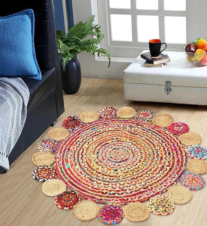 4' Round Handwoven Jute Chindi Area Rug - Colorful Boho Rugs for Living Room - Hand Braided Multicolor Bohemian Rug for Farmhouse, Bedroom, Dining Room, Classroom, Hallway, Kitchen, Office