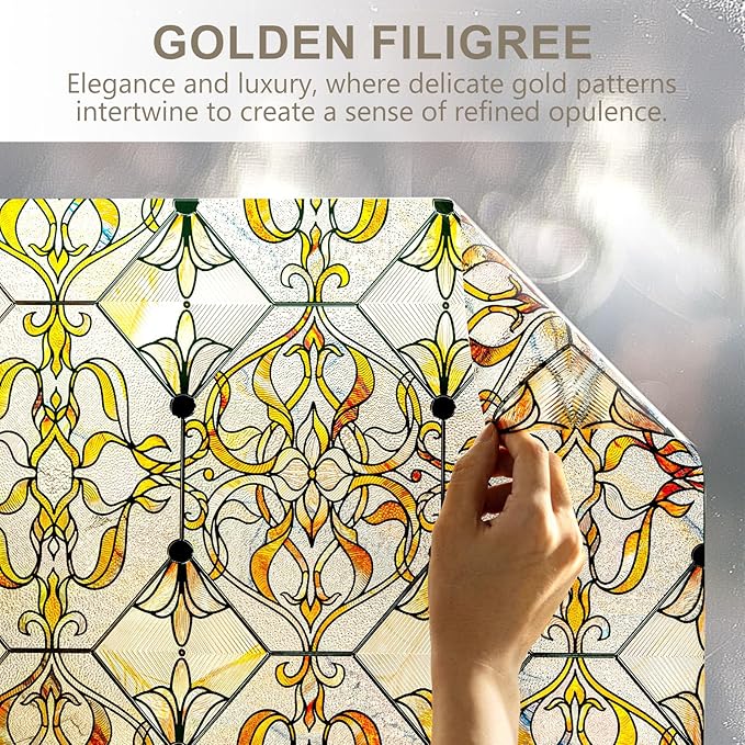3D Stained Glass Window Privacy Film, Heat Control UV Blocking Static Cling Decorative Window Film for Bathroom,Front Door,Home Non Adhesive 35.4 x 78.7 inches Golden Filigree