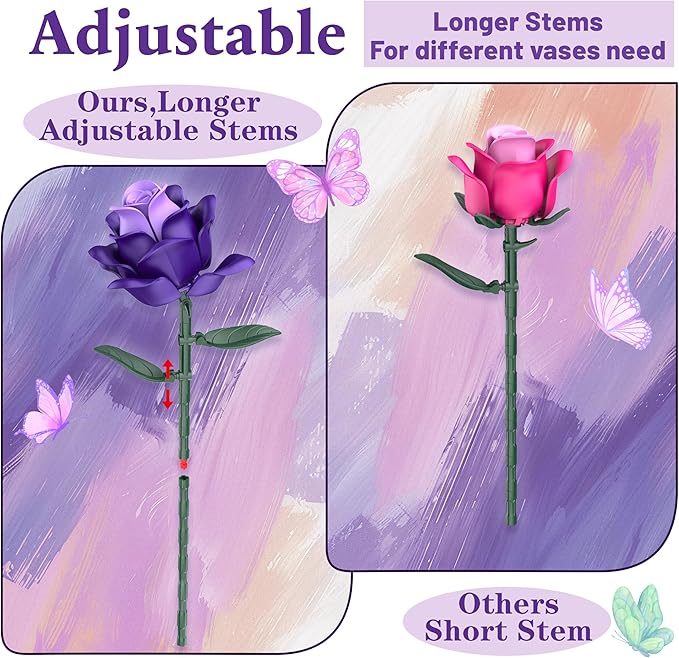 Purple Roses Flower Bouquet Building Sets, 834PCS Artificial Flowers Botanical Collection Compatible with Lego Flowers for Adults Gothic Halloween Decor, Gifts for Halloween Christmas Valentines Day