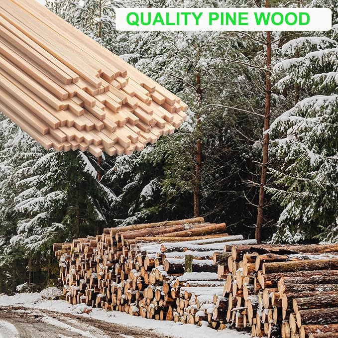 1/8" x 12" Square Wooden Dowel Rods Wood Square Dowels for Crafting, 100PCS Small Unfinished Wood Craft Sticks Hardwood Sticks Wooden Strips for Arts and DIYers, Miniature Buildings, Woodworking
