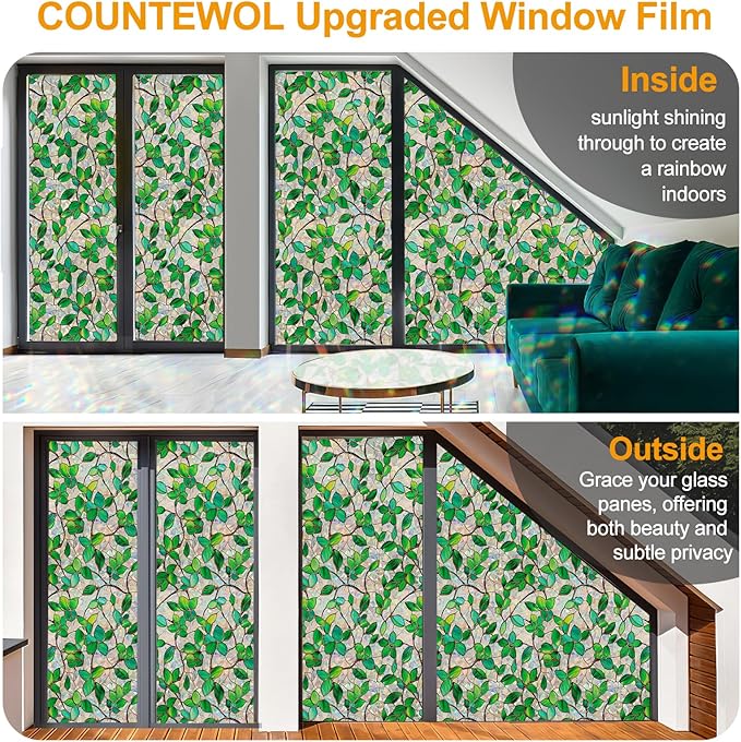 Window Privacy Film Stain Glass Window Film Rainbow Window Film Window clings Non-Adhesive Reusable Decorative for Room (Greenery Leaf, 35.4 x 78.7 in)