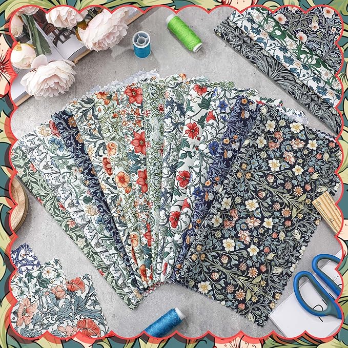 Ganeen 60 Pcs 10 x 10 Inch William Morris Floral Quilting Fabric Squares Vintage Floral Fat Patchwork Precut Strips Retro Multicolor Fabric Bundles for Holiday DIY Craft Sewing Quilt Material Handmade