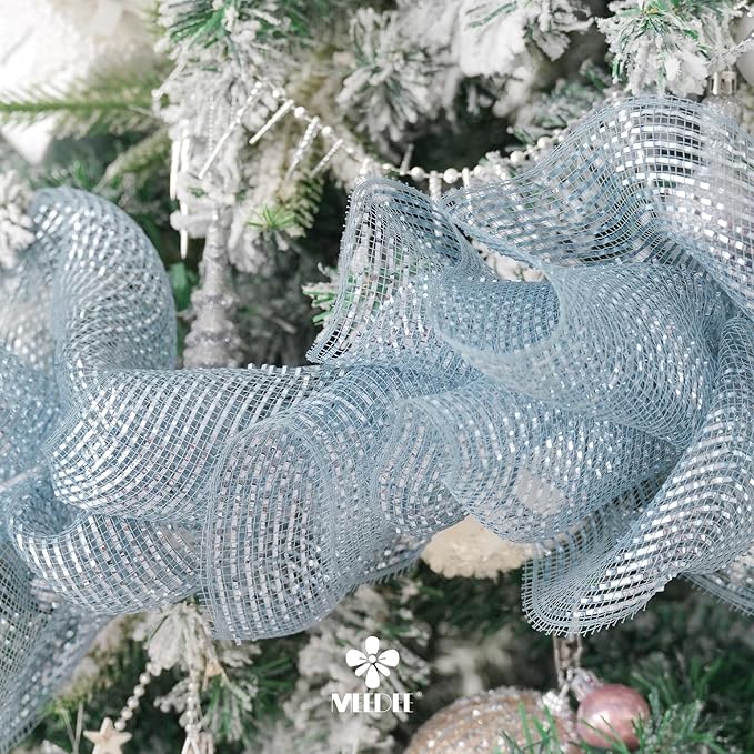MEEDEE Silver Deco Mesh 10 Inch Deluxe Wide Foil Metallic Pull Up Decorative Ribbon for Christmas Tree, Wreaths, Garland, Gift Wrapping, Bows Making (30 Feet)