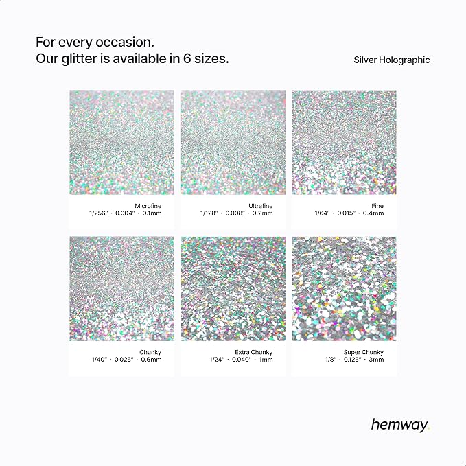 Hemway Polyurethane & Epoxy Resin Glitter 100g / 3.5oz Metallic Crystal Flake Additive for Flooring Jewelry Tumblers Glass Pigment - Fine (1/64" 0.015" 0.4mm) - Silver Holographic
