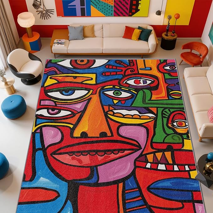 Abstract Rugs for Bedroom - Colorful Rug, 7x9 Area Rugs, Pop Art Graffiti Multicolor Washable Foldable Large Carpet Home Decor