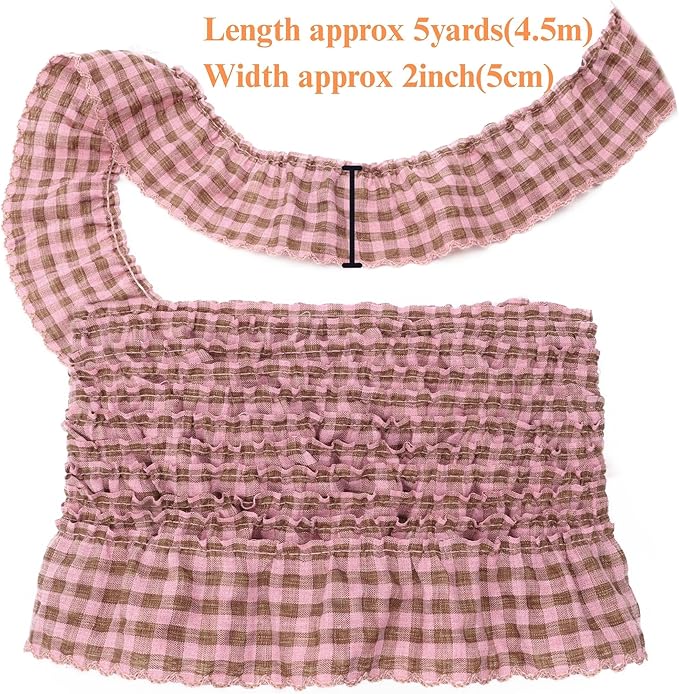 Gingham Ruffle Lace Trim Pleated Lace 5 Yards Gathered Gingham Fabric Edge Ribbon Trim for Dresses, Wedding Gowns, Crafts, Home Decor (Pink)