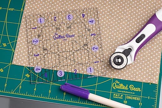 The Quilted Bear Quilting Rulers - Transparent Acrylic Non Slip Quilting, Patchwork & Sewing Ruler with Clear Black Lines & 30, 45 & 60 Degree Angles for Perfect Accuracy & Precision (3.5" x 3.5")
