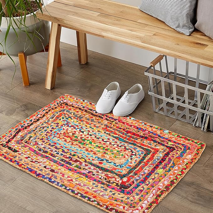 2'x3' Handwoven Jute Chindi Area Rug - Colorful Boho Rugs for Living Room - Hand Braided Multicolor Bohemian Rug for Farmhouse, Bedroom, Dining Room, Classroom, Hallway, Kitchen, Office