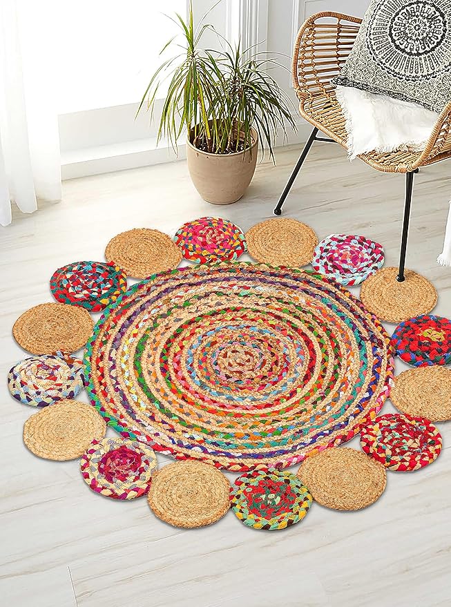 3' Round Handwoven Jute Chindi Area Rug - Colorful Boho Rugs for Living Room - Hand Braided Multicolor Bohemian Rug for Farmhouse, Bedroom, Dining Room, Classroom, Hallway, Kitchen, Office