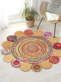 3' Round Handwoven Jute Chindi Area Rug - Colorful Boho Rugs for Living Room - Hand Braided Multicolor Bohemian Rug for Farmhouse, Bedroom, Dining Room, Classroom, Hallway, Kitchen, Office
