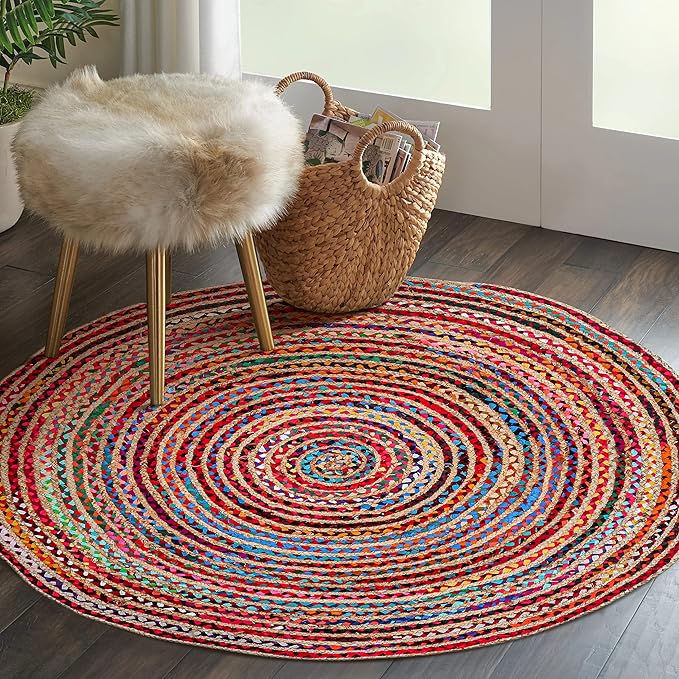 5' Round Handwoven Jute Chindi Area Rug - Colorful Round Boho Rugs for Living Room - Hand Braided Multicolor Bohemian Rug for Farmhouse, Bedroom, Dining Room, Classroom, Hallway, Kitchen