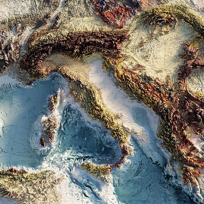 Muir Way Shaded Relief Elevation Map of Europe - Vintage-Style Topographic Wall Art with Map Look - Unframed Flat Paper Print, 48x40