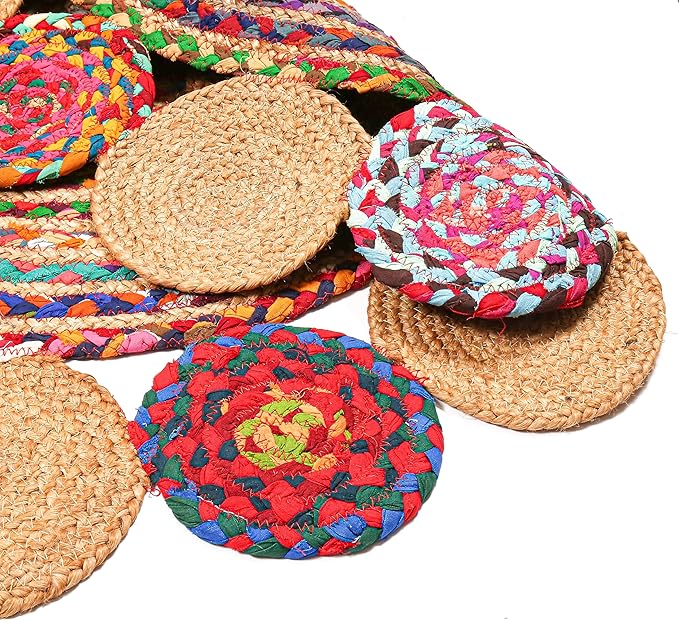 3' Round Handwoven Jute Chindi Area Rug - Colorful Boho Rugs for Living Room - Hand Braided Multicolor Bohemian Rug for Farmhouse, Bedroom, Dining Room, Classroom, Hallway, Kitchen, Office
