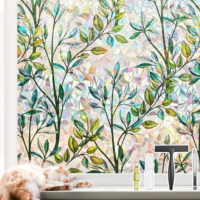 NINETREX Stained Glass Window Film 3D Decorative Cling, Sun Blocking Static Cling Removable Film for Glass Door, Home Decor Window Cover Non-Adhesive 35.4 x 78.7 inches, Leaf