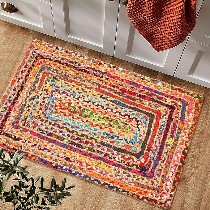 2'x3' Handwoven Jute Chindi Area Rug - Colorful Boho Rugs for Living Room - Hand Braided Multicolor Bohemian Rug for Farmhouse, Bedroom, Dining Room, Classroom, Hallway, Kitchen, Office