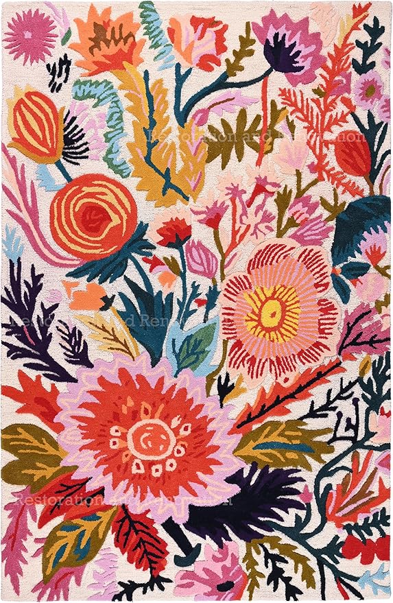 Handmade Wool Floral Area Rug for Living Room | Elegant Flower Garden Design, Soft, Thick and Durable | Bedroom, Dining Room & Home Decor Carpet (6' x 9', Floral E)