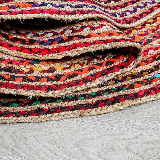 3' Round Handwoven Jute Chindi Area Rug - Colorful Boho Rugs for Living Room - Hand Braided Multicolor Bohemian Rug for Farmhouse, Bedroom, Dining Room, Classroom, Hallway, Kitchen, Office