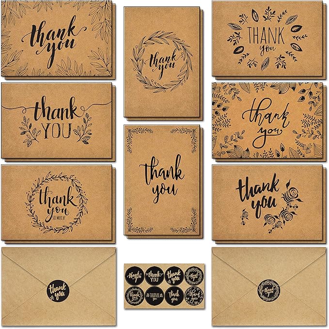 Thank You Cards With Envelopes - 160 Sets Premium Kraft Thank You Cards Bulk - TY Notes with 8 Graceful Designs - Floral Card for Celebration, Wedding, Baby & Bridal Shower 4x6