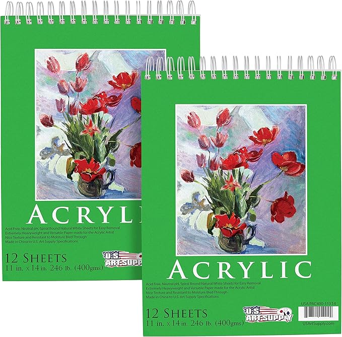 U.S. Art Supply 9x12 Premium Heavy-Weight Acrylic Painting Paper Pad, 246lb (400gsm), 2 Pack, 12 Sheets, Spiral Bound, for Acrylic Paint