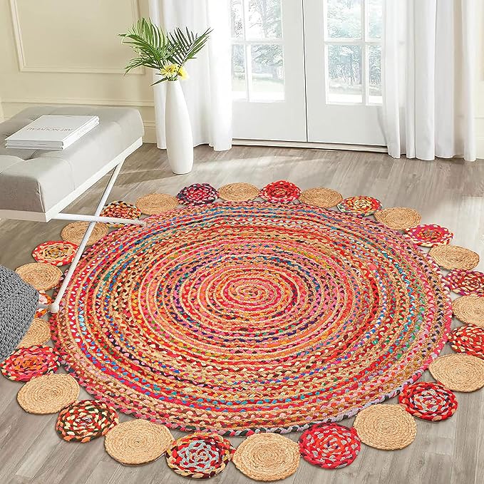 5' Round Handwoven Jute Chindi Area Rug - Colorful Boho Rugs for Living Room - Hand Braided Multicolor Bohemian Rug for Farmhouse, Bedroom, Dining Room, Classroom, Hallway, Kitchen, Office
