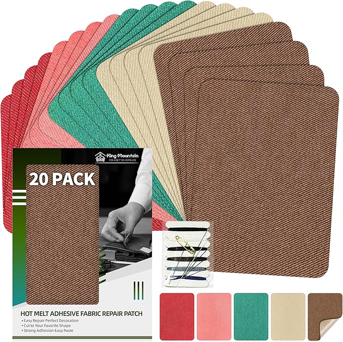 KING MOUNTAIN Iron-on Repair Patch 20 Pcs Pack,Denim Patches for Jeans Kit 3" by 4-1/4", 100% Cotton Denim Iron-on Repair Patch,Jeans and Clothing Repair and Decoration Kit (Five Color 2.0)