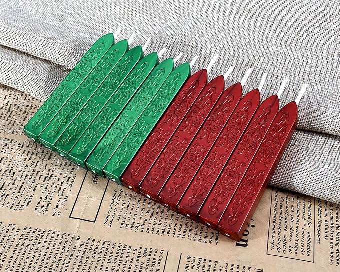 Yoption 12 Pcs Sealing Wax Sticks with Wicks, Antique Metallic Green Red Totem Fire Manuscript Seal Wax for Wax Seal Stamp (Metallic Green+Metallic Red)