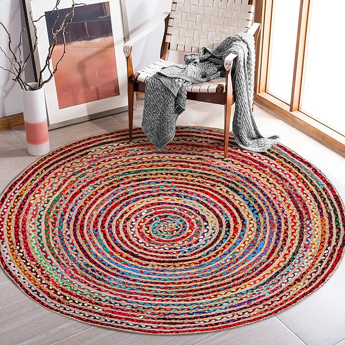 9' Round Handwoven Jute Chindi Area Rug - Colorful Boho Rugs for Living Room - Hand Braided Multicolor Bohemian Rug for Farmhouse, Bedroom, Dining Room, Classroom, Hallway, Kitchen, Office