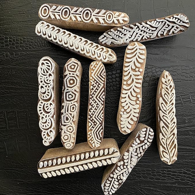 AnNafi® Mehendi Print Blocks| Border Pattern Wooden Stamps (Set of 10)| Fabric Wooden Stamps Border Pattern Printing Blocks| Designer Craft for Mehandi Textile Pottery Saree Border Canvas Painting |