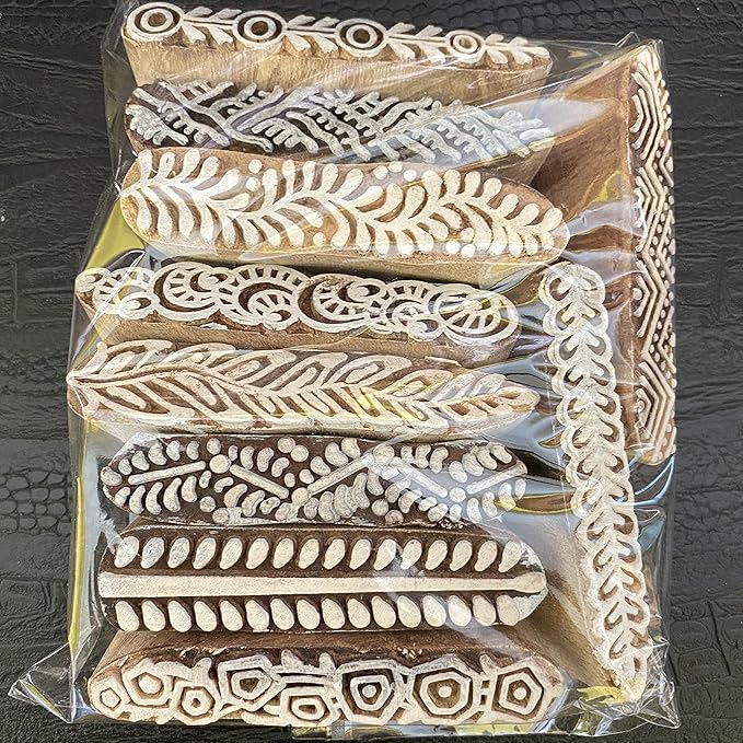 AnNafi® Mehendi Print Blocks| Border Pattern Wooden Stamps (Set of 10)| Fabric Wooden Stamps Border Pattern Printing Blocks| Designer Craft for Mehandi Textile Pottery Saree Border Canvas Painting |
