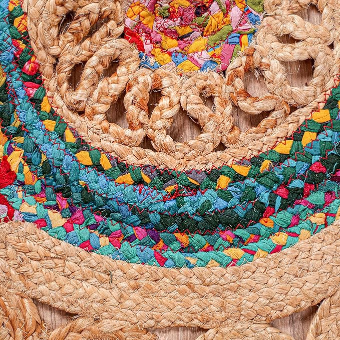 5' Round Handwoven Jute Chindi Area Rug - Colorful Boho Rugs for Living Room - Hand Braided Multicolor Bohemian Rug for Farmhouse, Bedroom, Dining Room, Classroom, Hallway, Kitchen, Office