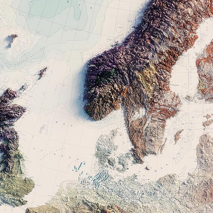 Muir Way Shaded Relief Elevation Map of Europe - Vintage-Style Topographic Wall Art with Map Look - Unframed Flat Paper Print, 48x40