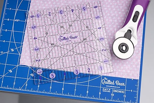The Quilted Bear Quilting Rulers - Transparent Acrylic Non Slip Quilting, Patchwork & Sewing Ruler with Clear Black Lines & 30, 45 & 60 Degree Angles for Perfect Accuracy & Precision (6" x 6")