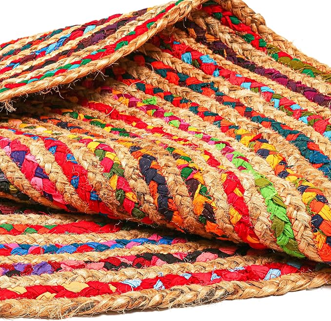 8'x10' Handwoven Jute Chindi Area Rug - Colorful Boho Rugs for Living Room - Hand Braided Multicolor Bohemian Rug for Farmhouse, Bedroom, Dining Room, Classroom, Hallway, Kitchen, Office