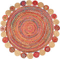 5' Round Handwoven Jute Chindi Area Rug - Colorful Boho Rugs for Living Room - Hand Braided Multicolor Bohemian Rug for Farmhouse, Bedroom, Dining Room, Classroom, Hallway, Kitchen, Office